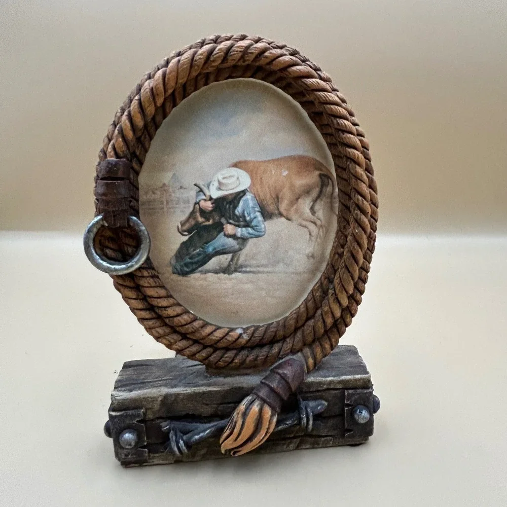Western Rodeo Cowboy Steer Wrestling Laso Rope Votive Candle Holder Rustic Frame